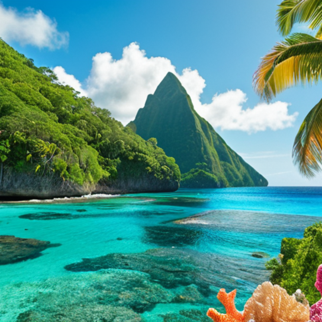 A picturesque view of the Pitons in Saint Lucia, with lush rainforests in the background and crystal-clear turquoise waters in the foreground. Include a couple snorkeling near a colorful coral reef.