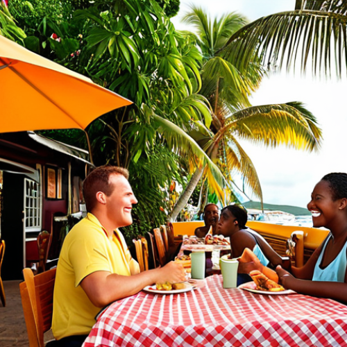 Home 18 **Prompt:** A vibrant, sun-drenched outdoor restaurant scene in Rodney Bay, Saint Lucia. Dutch tourists are smiling as they leave a generous tip (Eastern Caribbean Dollars) on the table after a delicious meal of fresh seafood. The waiter is visibly pleased. Focus on the relaxed atmosphere and the connection between the tourists and the local service staff. Include elements of the local culture like colorful buildings and tropical plants. Style: Realistic, warm lighting.