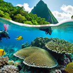 A vibrant image showcasing the Pitons rising majestically from the turquoise Caribbean Sea, surrounded by lush green rainforest. Divers explore the coral reefs below, with colorful fish and coral visible.