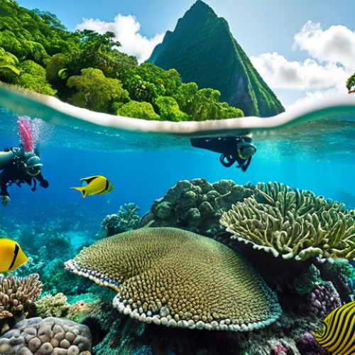 Home 17 A vibrant image showcasing the Pitons rising majestically from the turquoise Caribbean Sea, surrounded by lush green rainforest. Divers explore the coral reefs below, with colorful fish and coral visible.