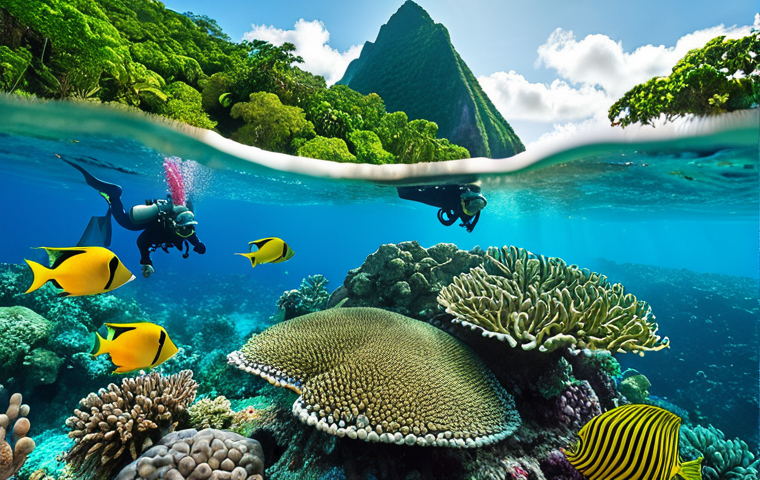 A vibrant image showcasing the Pitons rising majestically from the turquoise Caribbean Sea, surrounded by lush green rainforest. Divers explore the coral reefs below, with colorful fish and coral visible.