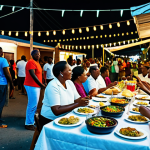 A vibrant outdoor street party scene at night in Saint Lucia. A diverse group of people of varying ages, fully clothed in modest and appropriate casual attire, are gathered. The atmosphere is lively and family-friendly, with subtle illumination from strung lights and distant food stalls emanating gentle smoke. Focus on the general festive community and authentic Caribbean spirit, with individuals standing, conversing, and some gently swaying to unseen music in natural poses. The background includes local street architecture. Professional photography, high-resolution, detailed, safe for work, appropriate content, fully clothed, modest, perfect anatomy, correct proportions, natural body proportions, well-formed hands, proper finger count.