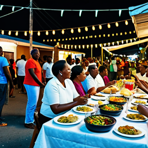 Home 8 A vibrant outdoor street party scene at night in Saint Lucia. A diverse group of people of varying ages, fully clothed in modest and appropriate casual attire, are gathered. The atmosphere is lively and family-friendly, with subtle illumination from strung lights and distant food stalls emanating gentle smoke. Focus on the general festive community and authentic Caribbean spirit, with individuals standing, conversing, and some gently swaying to unseen music in natural poses. The background includes local street architecture. Professional photography, high-resolution, detailed, safe for work, appropriate content, fully clothed, modest, perfect anatomy, correct proportions, natural body proportions, well-formed hands, proper finger count.