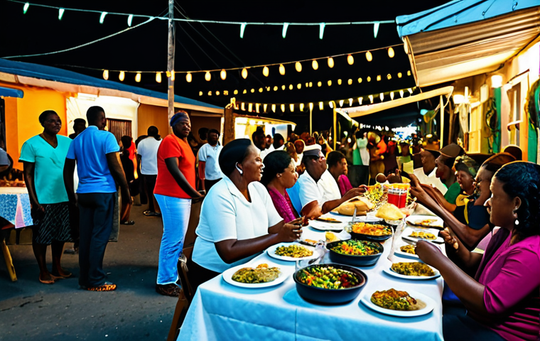 A vibrant outdoor street party scene at night in Saint Lucia. A diverse group of people of varying ages, fully clothed in modest and appropriate casual attire, are gathered. The atmosphere is lively and family-friendly, with subtle illumination from strung lights and distant food stalls emanating gentle smoke. Focus on the general festive community and authentic Caribbean spirit, with individuals standing, conversing, and some gently swaying to unseen music in natural poses. The background includes local street architecture. Professional photography, high-resolution, detailed, safe for work, appropriate content, fully clothed, modest, perfect anatomy, correct proportions, natural body proportions, well-formed hands, proper finger count.