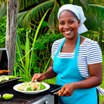 Green Figs and Saltfish at a Roadside Grill**

"A vibrant, colorful scene of a Saint Lucian roadside grill, featuring a smiling local woman preparing "green figs and saltfish," fully clothed in modest attire, appropriate content, safe for work, perfect anatomy, natural proportions, professional food photography, showcasing the dish and the tropical atmosphere, family-friendly."

**