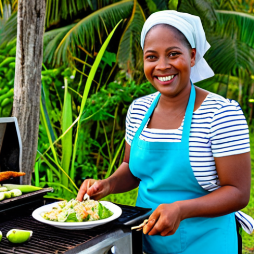 Home 12 Green Figs and Saltfish at a Roadside Grill**
"A vibrant, colorful scene of a Saint Lucian roadside grill, featuring a smiling local woman preparing "green figs and saltfish," fully clothed in modest attire, appropriate content, safe for work, perfect anatomy, natural proportions, professional food photography, showcasing the dish and the tropical atmosphere, family-friendly."
**