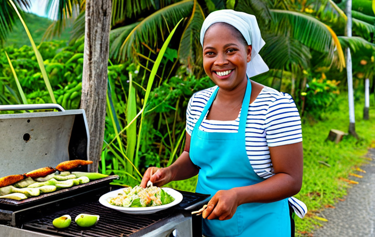 Green Figs and Saltfish at a Roadside Grill**
"A vibrant, colorful scene of a Saint Lucian roadside grill, featuring a smiling local woman preparing "green figs and saltfish," fully clothed in modest attire, appropriate content, safe for work, perfect anatomy, natural proportions, professional food photography, showcasing the dish and the tropical atmosphere, family-friendly."
**